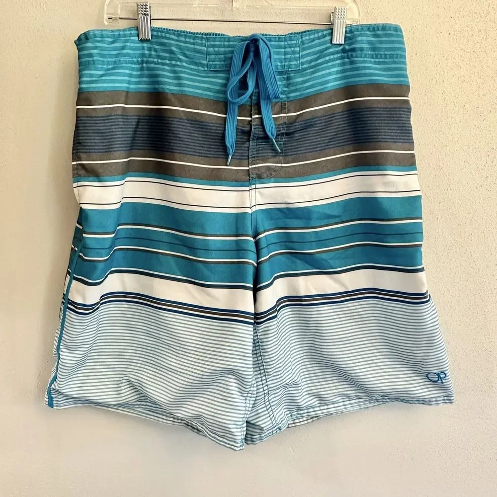 OP‎ Men’s Blue/Gray/White Striped Lined Board Shorts Swim Suit. L (36-38)